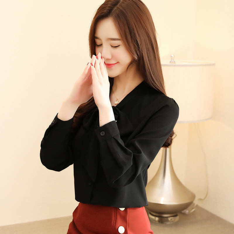 Blusa de chifón de manga larga para mujer, camisa Coreana de talla grande, color rosa, blanco y azul, para oficina y primavera