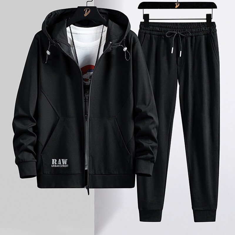 Primavera outono preto cinza masculino com capuz agasalho plus size 8xl roupas esportivas zip up hoodies + calças 2 peça conjunto masculino algodão ternos de suor