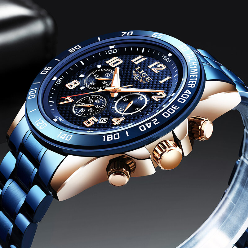 LIGE – montre à Quartz pour hommes, tout en acier, bleu, affichage de la semaine, calendrier, horloge militaire, étanche, chronographe de Sport