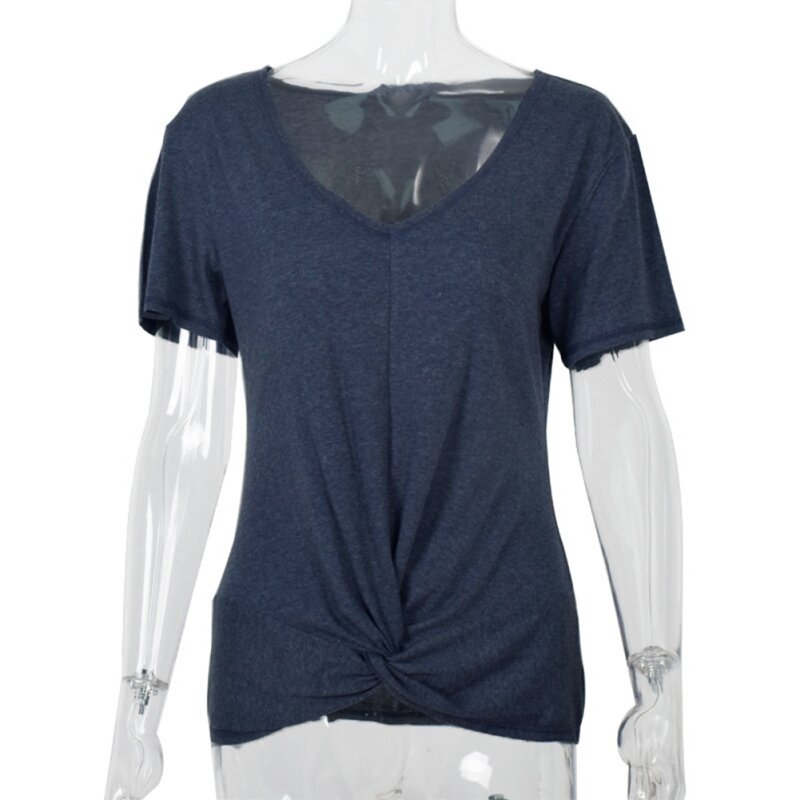 Letnie damskie t-shirty z krótkim rękawem luźne Casual topy kobiece dekolt w serek jednolity kolor moda T Shirt