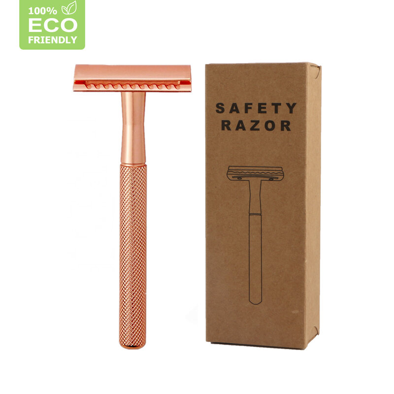 Hprêmio lâmina de barbear manual clássica com 20 pelos, lâmina de segurança para homens e mulheres, depilação facial em ouro rosa
