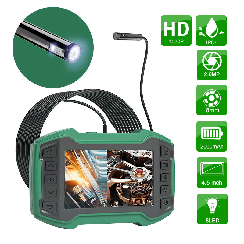 Dua Lens Inspection Camera 1080P 4.5" IPS Screen Endoscope IP67 Waterproof Snake Camera 8 LED Sewer Camera for Vehicle Pipeline