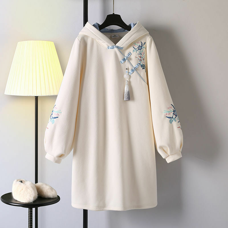 Chinesischen Stil Winter Hanfu Kapuzen Pull Stich Sweatshirt Verbesserte Moderne Kleid frauen Street Fashion Anzug Retro