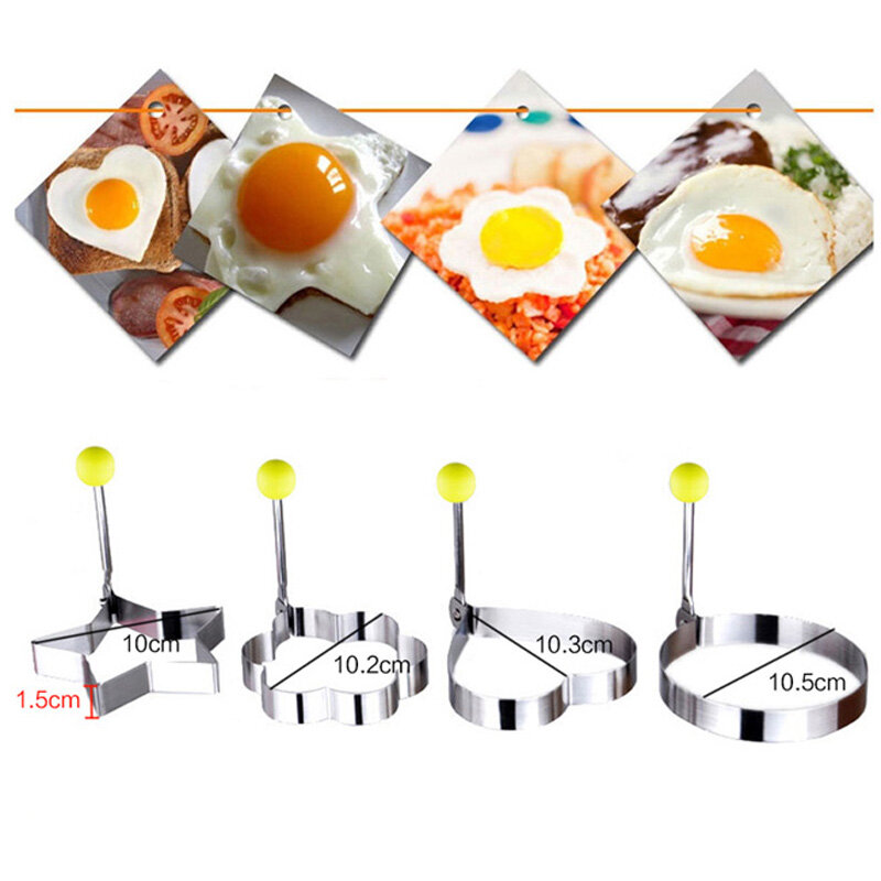 Ensemble de 4 omelettes en acier inoxydable épais multi-formes, moule à œufs pochés, moule à Bento Love, moule à œufs frits, Support de vente en gros