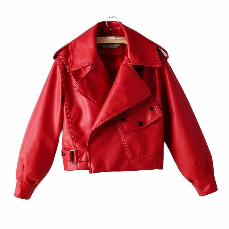 Jaket Kulit Imitasi Wanita Merah Hitam Mantel Pengendara Motor Pu Kerah Lipat Bawah Pakaian Luar Punk Wanita Lembut Streetwear Longgar