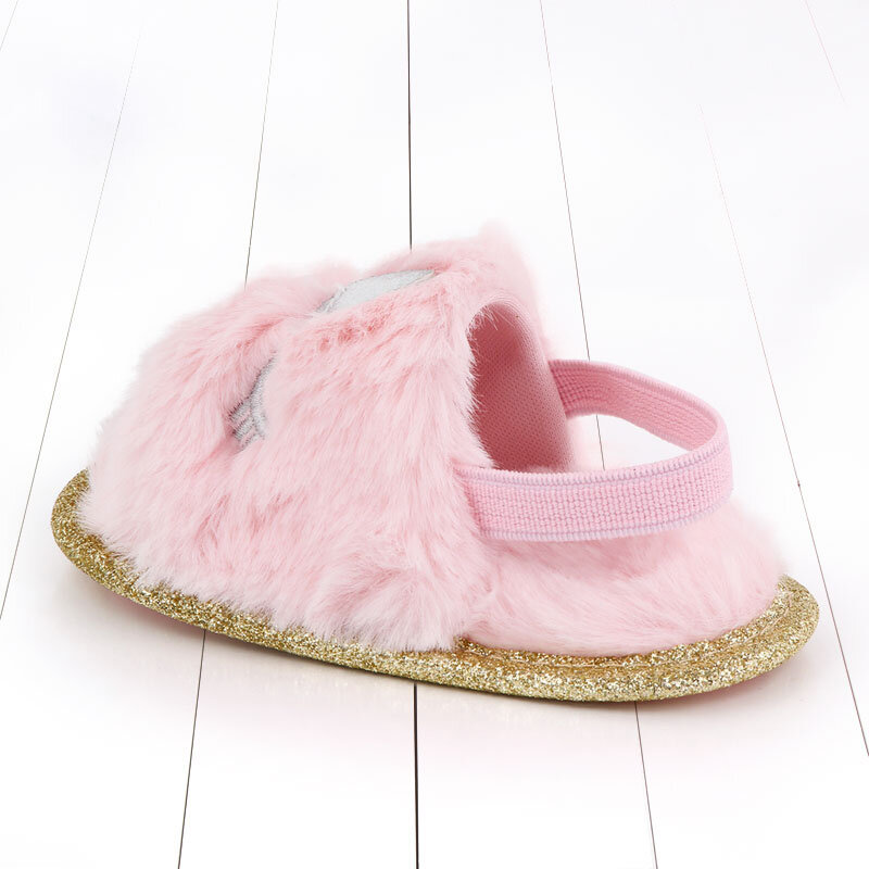 Toddler Baby Girls Plush Sandals Soft Sole Faux Fur Flats Prewalker Slippers With Elastic Back Strap Indoor Outdoor Home Shoes