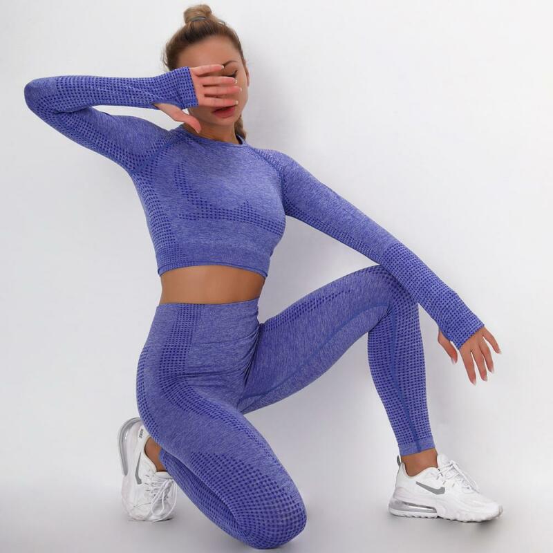 Set Yoga 2 Buah Setelan Olahraga Gym Legging Mulus Wanita Atasan Crop Push Up Atasan Wanita Lengan Panjang Atasan Pakaian Olahraga Kebugaran Pakaian Olahraga