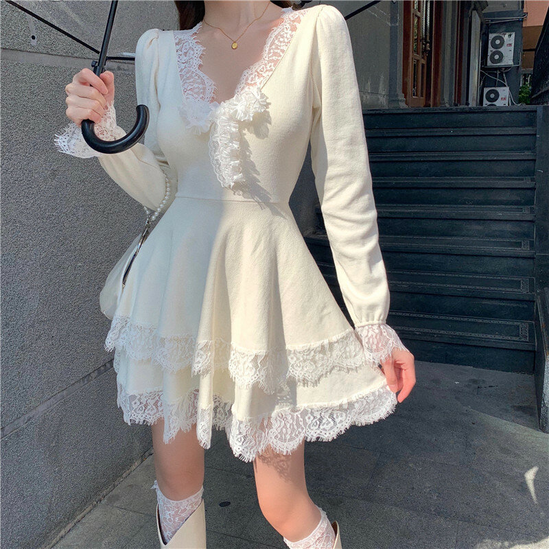 Sweet Lolita – Mini robe de princesse en dentelle tricotée pour femmes, tenue Chic, col en v, tricotée, à volants, manches longues, Sexy, gothique, Slim, robe de soirée