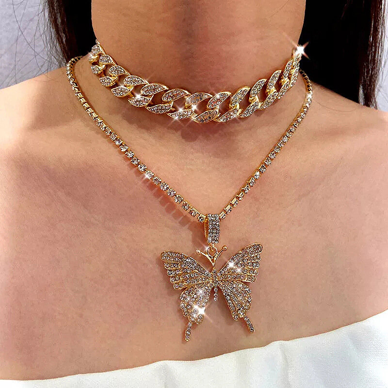 Cristal brilhante grande borboleta colares mulher tênis corrente gargantilha colar congelado para fora pingente de borboleta hip hop jóias