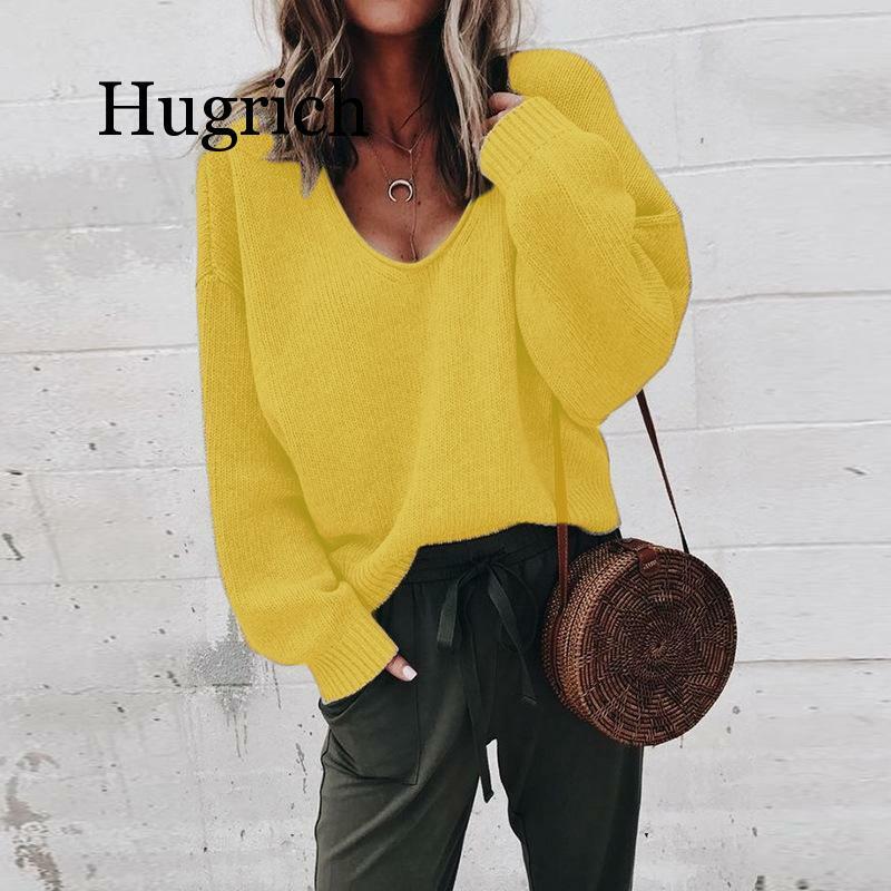2020 Sexy V-neck Knitted Sweaters Women Fashion Long Sleeve Casual Tops Autumn Winter Sweaters