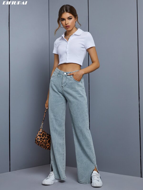 DIFIUPAI สตรีสูงกางเกงยีนส์เอวสูงยืดกางเกง Casual แยกตรงขากางเกง Streetwear