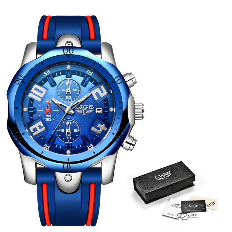 LIGE 2020 nowe męskie złote zegarki Top marka luksusowe silikonowe zegarki wodoodporne męskie moda Sport Chronograph Quartz Men Watch + Box