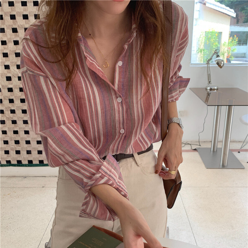 Camisas de oficina a rayas para mujer, blusa informal de manga larga con botones, cuello vuelto, costura de Color, Otoño, 2021