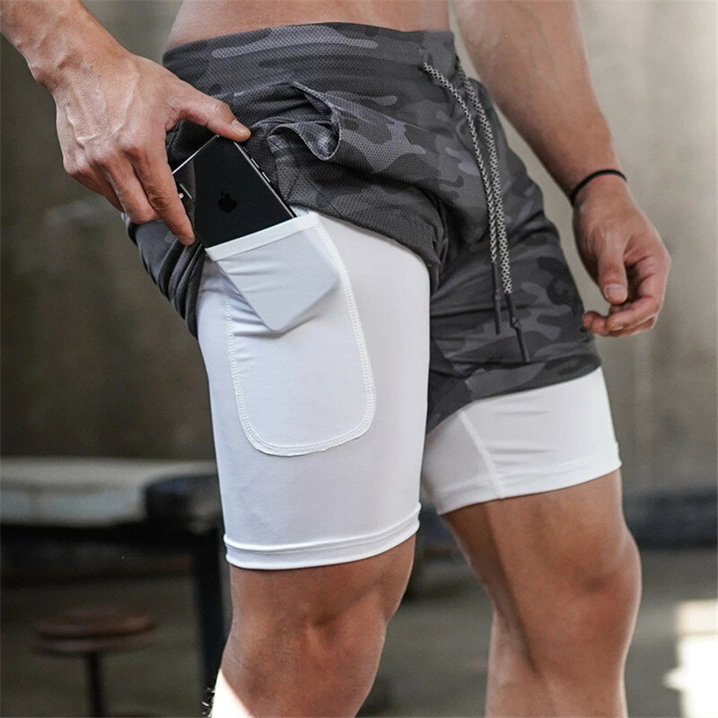 Pantalones cortos deportivos de camuflaje 2 en 1 para hombre, shorts masculinos de secado rápido para gimnasio y fitness, diferentes tallas, 2020