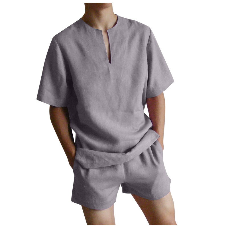 Conjunto de shorts de manga curta masculino, 51 #, verão, cor sólida, algodão, roupa de duas peças, homens, respirável, casual, conjuntos de 2 peças 2021