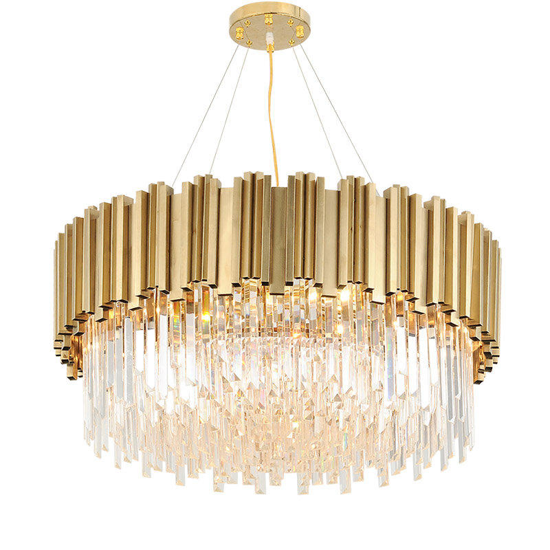 Lustre redondo em aço inoxidável dourado pós-moderno, lustre de cristal, iluminação, suspensão, luminária para sala de jantar