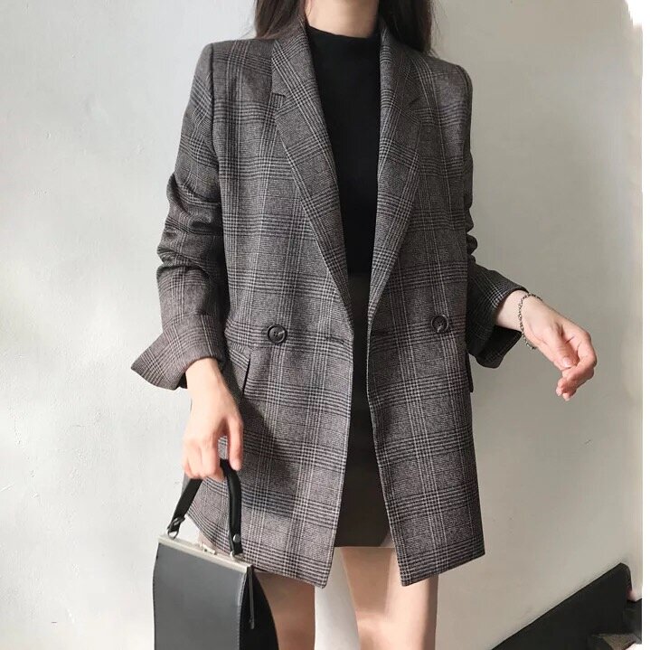 Jaqueta feminina xadrez manga longa de algodão casaco vintage grande 2021
