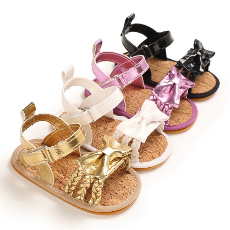 Chaussures d'été en cuir PU pour bébés filles, avec nœud papillon, à rayures, pour fête, princesse, plage, semelle souple