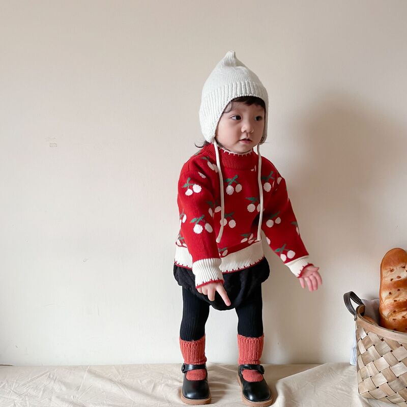 Suéter de punto con estampado de cerezas para niña, suéter cálido de manga larga para niño y niña, suéter grueso de lana de algodón, novedad de invierno, 2021