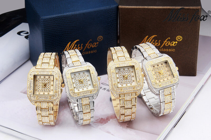 Luxo quadrado de quartzo diamante vestido feminino relógio ouro gelo gelo para fora bling strass relógio das senhoras vestido cristal relógios presente
