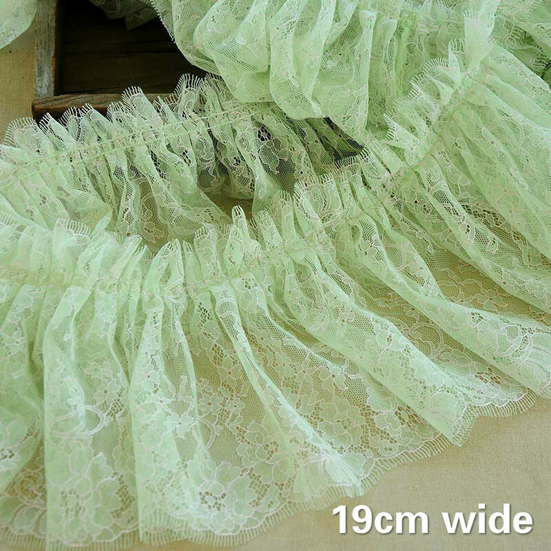 19cm Wide Exquisite Tulle Embroidered Pleated Green Lace Fabric Diy Skirt Dressing Eyelash Tassel Accessories Vestido De Renda