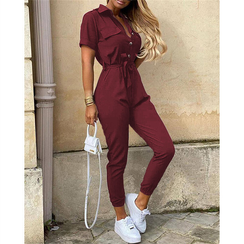 2021 summer new ladies T-shirt one-piece trousers fashion suit street casual lapel button printed belt ladies one-piece pants