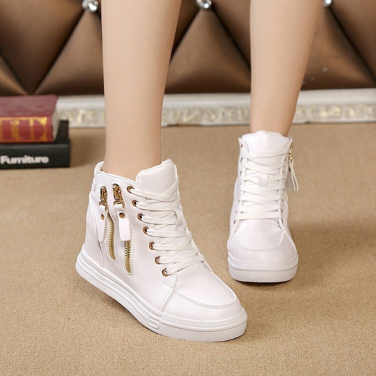 Chaussures en cuir à semelle compensée pour femmes, baskets blanches à talons hauts de 6 Cm avec lacets et fermeture éclair