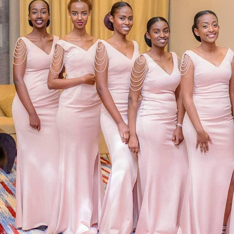 Сексуальные розовые платья подружки невесты с V-образным вырезом, 2021, длинное свадебное гостевое платье, черные платья для выпускного вечер...