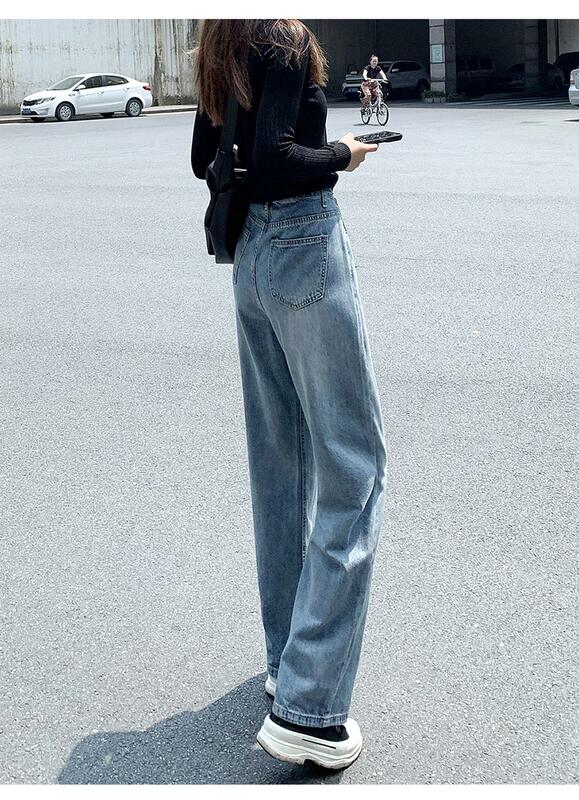 Casual สูงเอวหลวมๆ Denim กางเกงยีนส์ Streetwear Vintage ยาวกางเกงยีนส์ขากว้างกางเกงหญิงกางเกง Capris แฟชั่น2021