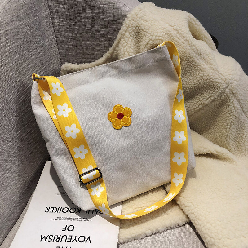 Women's Cross-body Bag Lovely Flower Canvas Casual Shoulder Bag Wholesale Female Students Fresh Simple Fashion Accessories