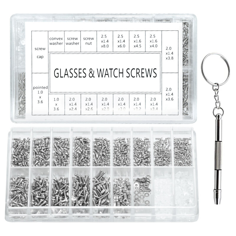 1000pc/set Eyeglasses Sun Glasses Screws Set Nuts Screws Screwdriver Nuts Optical Repair Tool Parts Assorted Kit Watch Tools Set
