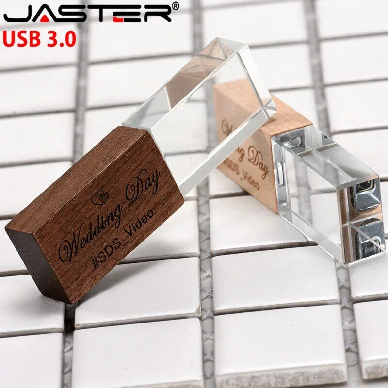 JASTER-lápiz de memoria USB 3,0 con logotipo personalizado, pen drive para fotografía de boda, madera, cristal, 64GB, 32GB, 16GB