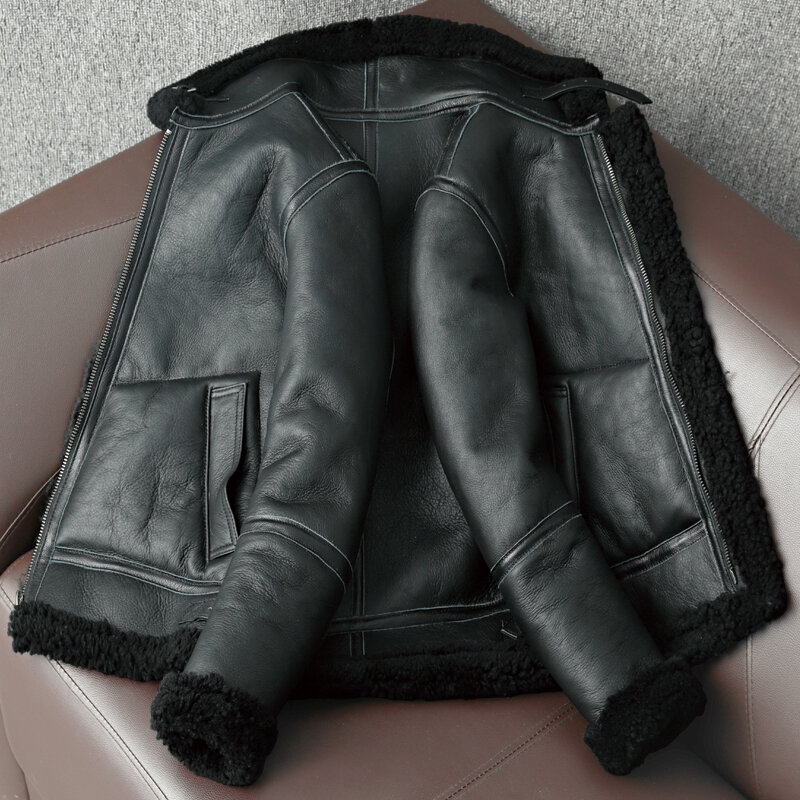 Winter Genuine Sheepskin Leather Jacket Mens Wool Fur Jacket for Motorcycle Plus Size 5XL Thick Sheepskin Natural Warm Coat