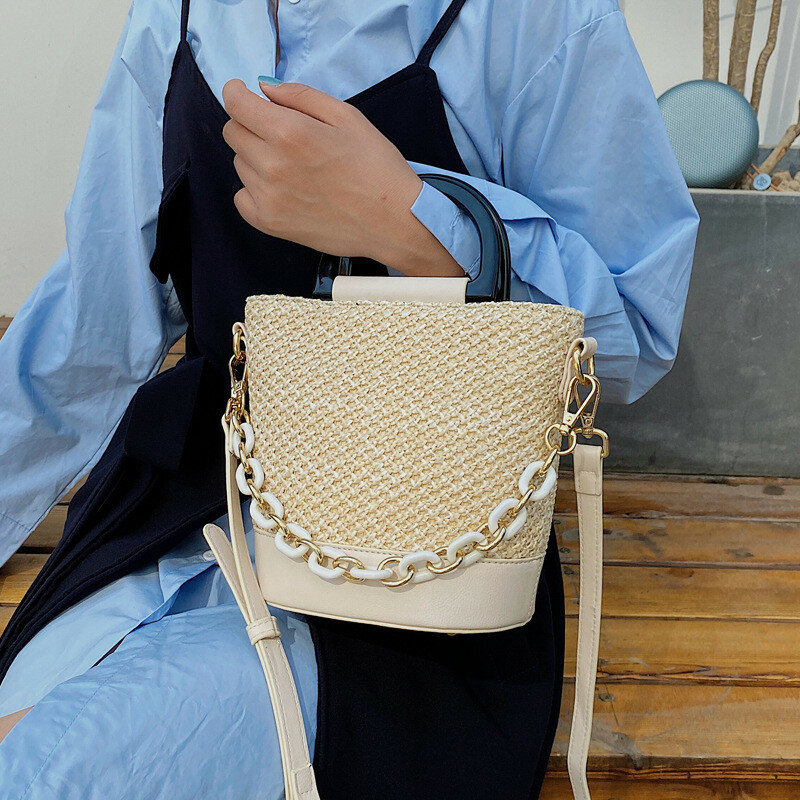 Bolsa de palha de verão feminina, bolsa balde de tecido estilo boêmio, com corrente, fashion e popular, mini bolsa transversal para mulheres, novo, 2021