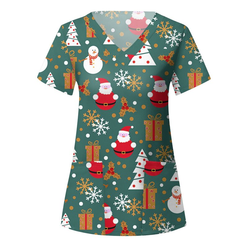 Kaus Natal Gambar Cetak V-neck Lengan Pendek Suster Scrub Atasan Natal Manusia Salju Kaus Lengan Pendek Seragam Salon Dokter Kecantikan