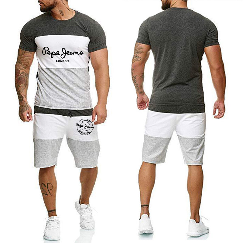 Terno de manga curta masculino pepe impressão camiseta e shorts ternos verão casual listrado streetwear masculino musculação roupas