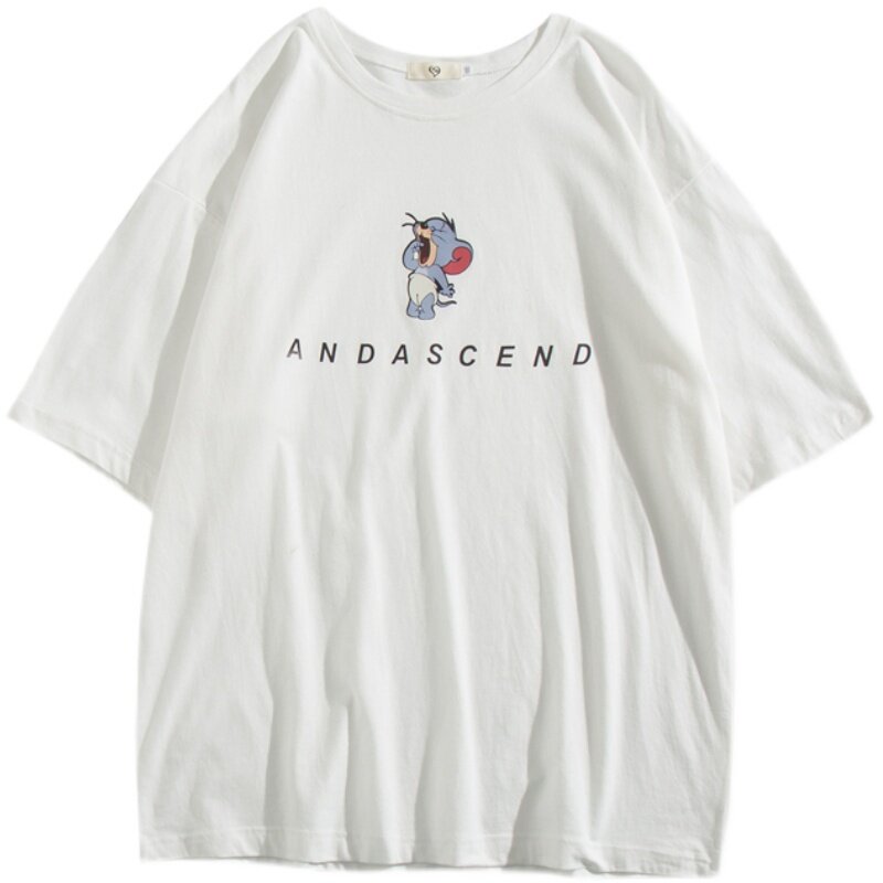UBERU летняя футболка с мультяшным принтом, однотонная Женская Базовая футболка, парная свободная Классическая футболка оверсайз с коротким ...