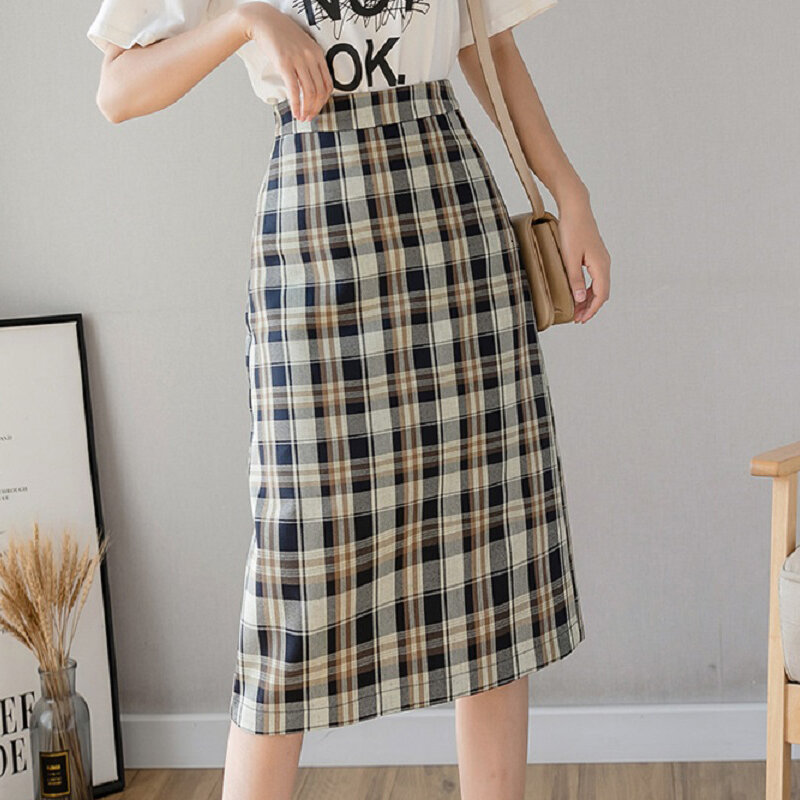 Wisher & Tông Vintage Váy Kẻ Sọc Quàng Nam Nữ Lưng Của Bút Chì Thời Trang Hàn Quốc Xẻ Lưng Xanh Váy Mùa Xuân 2022 jupe Femme