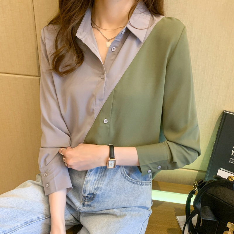 Yg marca feminina 2021 primavera e verão nova moda cor contraste lapela manga longa camisa feminina chiffon topo