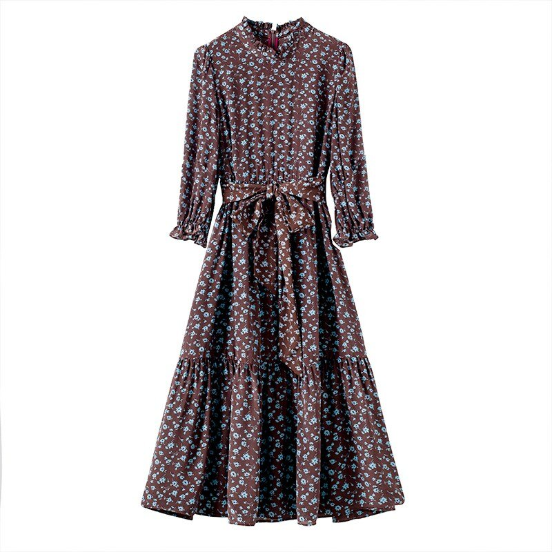 YG 2021 spring and summer new elegant temperament mulberry silk medium long skirt flower waist bow 7 / 3 sleeve dress