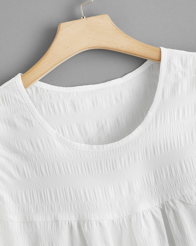قميص نسائي بأكمام لوتس ، ملابس صيفية ، ياقة دائرية ، تصميم هندسي ، جاكار ، كاجوال ، فضفاض ، 2021