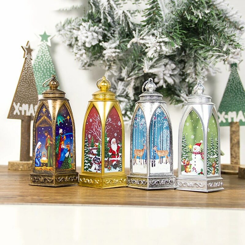 Christmas Led Printing Candlestick Lantern Decoration Table Light Lamp Castle Lamp Light Fairy  New Year Gift Candle Ornament