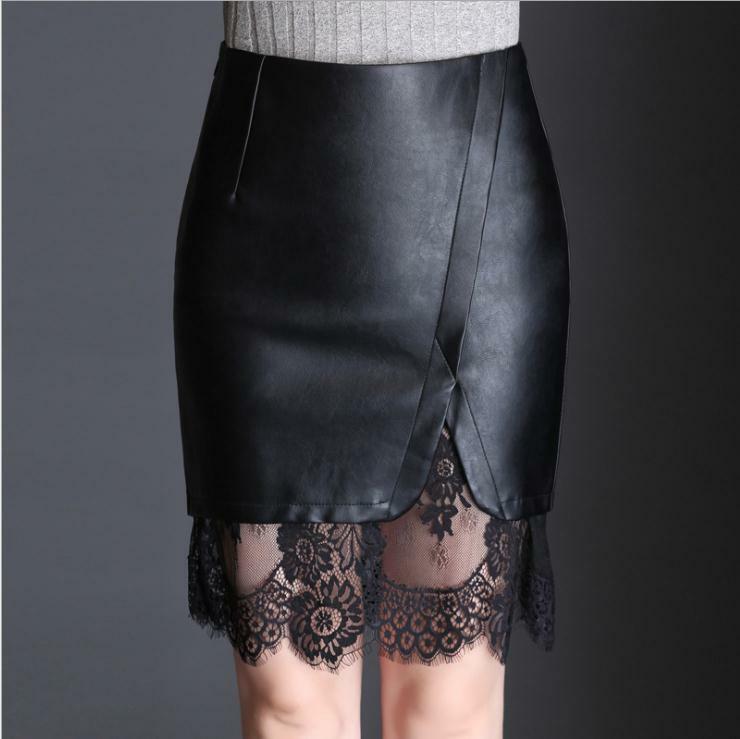 Mulheres primavera outono rendas retalhos mini saias moda preta faldas saia de couro fino pacote casual hip couro saias k1232