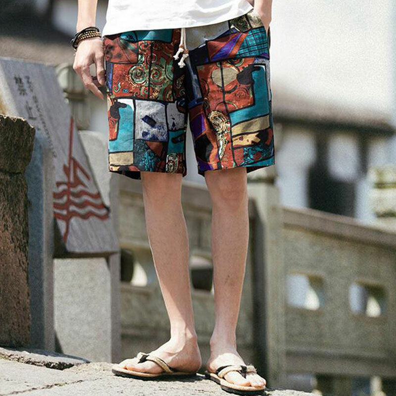 Fashion Hommes Casual Shorts avec cordon de serrage mélange lin ample Plage Été Pantalon Chaud