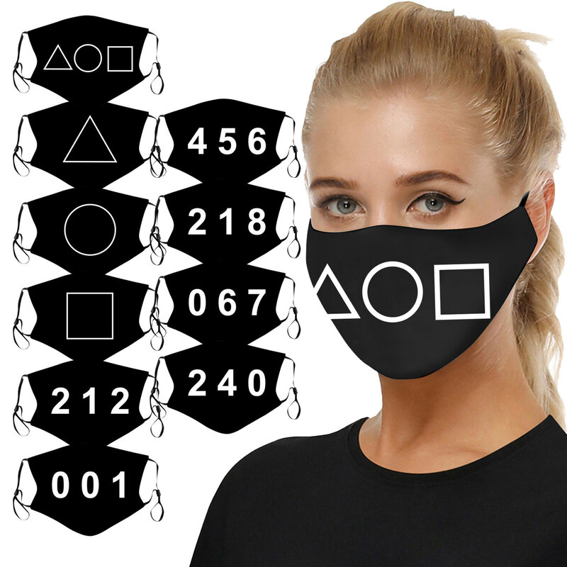 Squidgame adulto máscara facial lula jogo impressão reutilizável lavável pm2.5 proteção unisex preto máscaras ajustável earloop bandagem