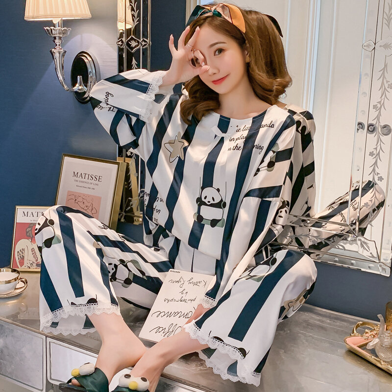 Roupa de dormir feminina tamanho grande imitado de tecido de seda pijamas primavera conjunto de pijama versão solta pulôver nighty princesa estilo