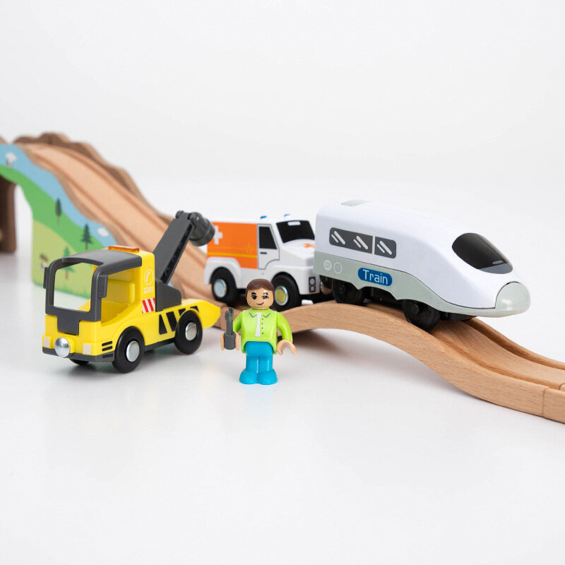Puzzle edukacyjne drewniane tory pociąg elektryczny symulacja scena ratunkowa zabawki dla dzieci magnetyczne zabawki Push-Pull interakcja prezent