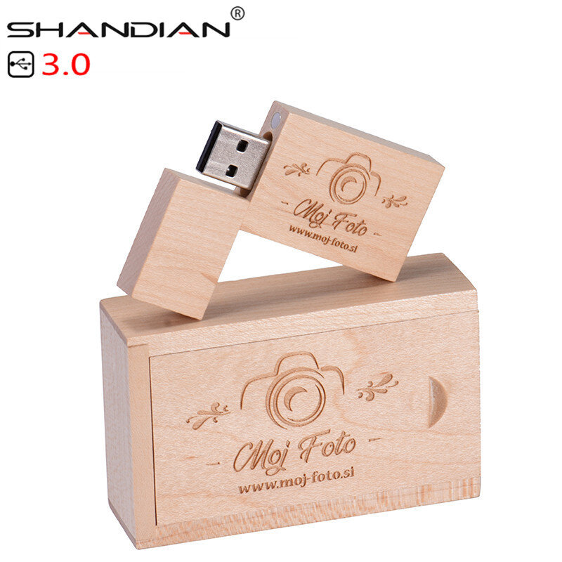 Shandian USB 3.0 Gỗ USB Có Hộp Đèn LED Cổng USB Bút Lái Xe Gỗ Pendrive 4GB 16G 32GB 64GB Creativo 1 Cái Logo Tự Do
