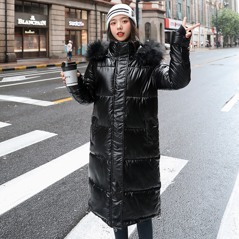 women X-long oversize blue down jackets thick casual with fur epaulet 2021 winter female down coats hooded solid piumini donna