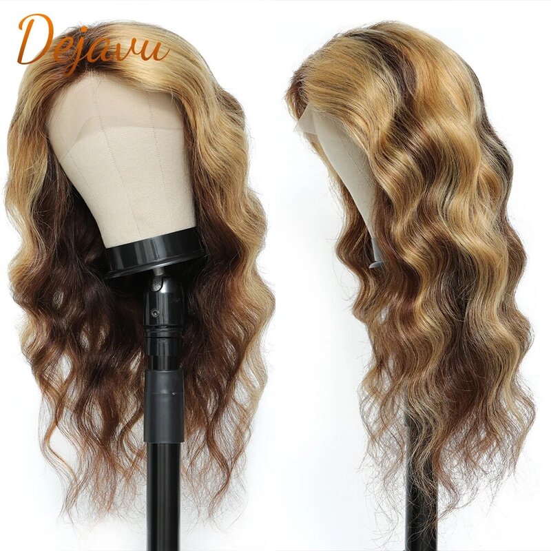 Perruque Lace Front Wig Body Wave brésilienne Remy, cheveux naturels, pre-plucked, reflets, blond ombré, 4/27